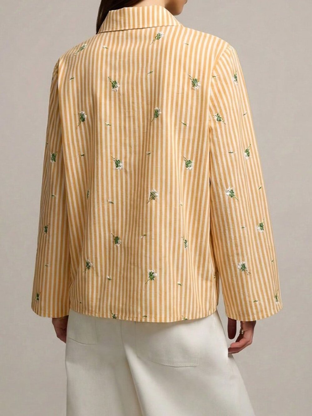 Yellow Casual Women's Blouse with Chinese Buttons, Striped & Floral Print - Picture 2 of 6